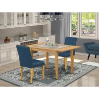 East West Furniture Noab3-Oak-55 3 Piece Kitchen Table & Chairs Set Contains A Rectangle Dining Table With Butterfly Leaf And 2 Oasis Blue Faux Leather Parson Chairs, 32X54 Inch, Oak