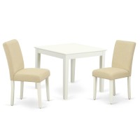 East West Furniture Oxab3-Lwh-02 3 Piece Modern Dining Table Set Contains A Square Wooden Table And 2 Light Beige Linen Fabric Upholstered Parson Chairs, 36X36 Inch, Linen White