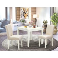 East West Furniture Oxab3-Lwh-02 3 Piece Modern Dining Table Set Contains A Square Wooden Table And 2 Light Beige Linen Fabric Upholstered Parson Chairs, 36X36 Inch, Linen White