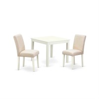 East West Furniture Oxab3-Lwh-02 3 Piece Modern Dining Table Set Contains A Square Wooden Table And 2 Light Beige Linen Fabric Upholstered Parson Chairs, 36X36 Inch, Linen White