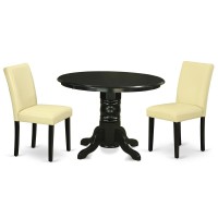 East West Furniture Shab3-Blk-73 3 Piece Dinette Set For Small Spaces Contains A Round Kitchen Table With Pedestal And 2 Eggnog Faux Leather Parsons Dining Chairs, 42X42 Inch