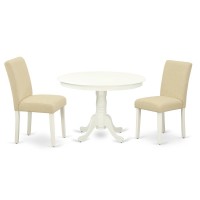 East West Furniture Hlab3-Lwh-02 3 Piece Dining Set Contains A Round Dining Room Table With Pedestal And 2 Light Beige Linen Fabric Upholstered Parson Chairs, 42X42 Inch, Linen White