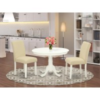 East West Furniture Hlab3-Lwh-02 3 Piece Dining Set Contains A Round Dining Room Table With Pedestal And 2 Light Beige Linen Fabric Upholstered Parson Chairs, 42X42 Inch, Linen White