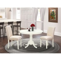 East West Furniture Hlab3-Lwh-02 3 Piece Dining Set Contains A Round Dining Room Table With Pedestal And 2 Light Beige Linen Fabric Upholstered Parson Chairs, 42X42 Inch, Linen White