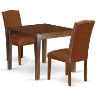 East West Furniture Oxen3-Mah-66 Oxford 3 Piece Kitchen Set For Small Spaces Contains A Square Dining Room Table And 2 Brown Faux Leather Upholstered Chairs, 36X36 Inch