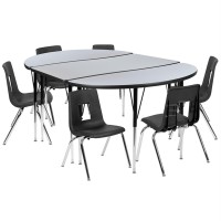 76 Oval Wave Flexible Laminate Activity Table Set With 16 Student Stack Chairs, Grey/Black