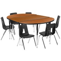 76 Oval Wave Flexible Laminate Activity Table Set With 16 Student Stack Chairs, Oak/Black