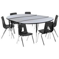 86 Oval Wave Flexible Laminate Activity Table Set With 16 Student Stack Chairs, Grey/Black