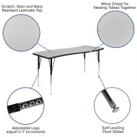 86 Oval Wave Flexible Laminate Activity Table Set With 16 Student Stack Chairs, Grey/Black