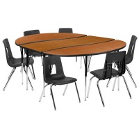 86 Oval Wave Flexible Laminate Activity Table Set With 16 Student Stack Chairs, Oak/Black
