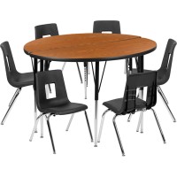 47.5 Circle Wave Flexible Laminate Activity Table Set With 16 Student Stack Chairs, Oak/Black