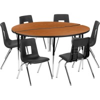 60 Circle Wave Flexible Laminate Activity Table Set With 16 Student Stack Chairs, Oak/Black