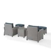 Bradenton 5Pc Outdoor Wicker Armchair Set Navy/Gray - Side Table, 2 Arm Chairs & 2 Ottomans