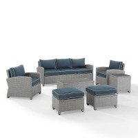 Bradenton 7Pc Outdoor Wicker Sofa Set Navy/Gray - Sofa, Coffee Table, Side Table, 2 Armchairs & 2 Ottomans