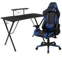 Black Gaming Desk And Blue Reclining Gaming Chair Set With Cup Holder, Headphone Hook, And Monitor/Smartphone Stand