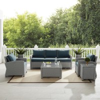 Bradenton 5Pc Outdoor Wicker Sofa Set Navy/Gray - Sofa, Side Table, Coffee Table, & 2 Armchairs