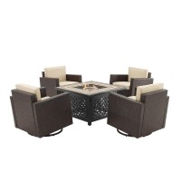 Palm Harbor 5Pc Outdoor Wicker Conversation Set W/Fire Table Sand/Brown - Tucson Fire Table & 4 Swivel Rocking Chairs