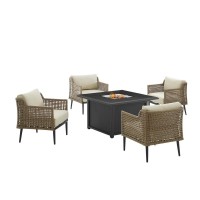 Southwick 5Pc Outdoor Wicker Conversation Set W/Fire Table Creme/Light Brown - Dante Fire Table & 4 Armchairs