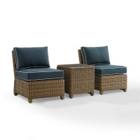 Bradenton 3Pc Outdoor Wicker Chair Set Navy/Weathered Brown - Side Table & 2 Armless Chairs