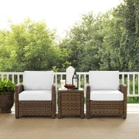 Bradenton 3Pc Outdoor Wicker Armchair Set - Sunbrella White/Weathered Brown - Side Table & 2 Armchairs