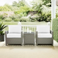 Bradenton 3Pc Outdoor Wicker Armchair Set - Sunbrella White/Gray - Side Table & 2 Armchairs