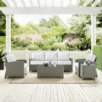 Bradenton 5Pc Outdoor Wicker Sofa Set - Sunbrella White/Gray - Sofa, Side Table, Coffee Table, & 2 Armchairs