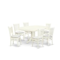 East West Furniture - Avva7-Lwh-C - 7-Piece Dining Table Set- 6 Dining Chairs With Linen Fabric Seat And Slatted Chair Back - Butterfly Leaf Modern Oval Dining Table - Linen White Finish
