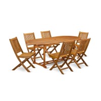 East West Furniture Bsdk7Cwna 7-Pc Outdoor Set- 6 Outdoor Chairs Slatted Back And Outdoor Coffee Table And Round Top With Wooden Legs - Natural Oil Finish