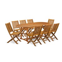 East West Furniture Bsdk9Cwna 9-Piece Patio Set- 8 Modern Chairs Slatted Back And Outdoor Coffee Table And Round Top With Wood 4 Legs - Natural Oil Finish