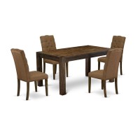 East West Furniture Cnel5-77-18 5-Pc Dining Room Table Set- 4 Dining Chair With Brown Beige Linen Fabric Seat And Button Tufted Chair Back - Rectangular Table Top & Wooden 4 Legs - Distressed Jacobean