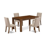 East West Furniture Cnfl5-N8-04 5-Pc Dining Table Set- 4 Parson Dining Room Chairs With Clay Linen Fabric Seat And Stylish Chair Back - Rectangular Table Top & Wooden 4 Legs - Antique Walnut Finish