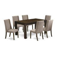 East West Furniture Cnfl7-77-16 7-Piece Dining Room Set- 6 Parson Chairs With Dark Khaki Linen Fabric Seat And Stylish Chair Back - Rectangular Table Top & Wooden 4 Legs - Distressed Jacobean Finish