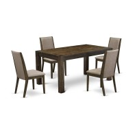 East West Furniture Cnla5-77-16 5-Pc Dinette Set- 4 Dining Room Chairs With Dark Khaki Linen Fabric Seat And Stylish Chair Back - Rectangular Table Top & Wooden 4 Legs - Distressed Jacobean Finish