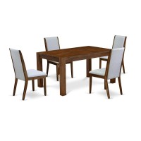 East West Furniture Cnla5-N8-05 5-Pc Dining Table Set- 4 Parson Chairs With Grey Linen Fabric Seat And Stylish Chair Back - Rectangular Table Top & Wooden 4 Legs - Antique Walnut Finish
