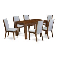 East West Furniture Cnla7-N8-05 7-Pc Dining Table Set- 6 Upholstered Dining Chairs With Grey Linen Fabric Seat And Stylish Chair Back - Rectangular Table Top & Wooden 4 Legs - Antique Walnut Finish