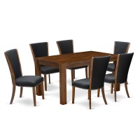 East West Furniture - Cnve7-N8-24 - 7-Pc Dining Room Table Set- 6 Kitchen Parson Chairs And Modern Kitchen Table - Black Linen Fabric Seat And High Chair Back - Antique Walnut Finish
