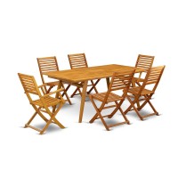 East West Furniture Debs72Cana 7-Piece Table Set- 6 Outdoor Arm Dining Chairs With Ladder Back And Small Table And Rectangular Top With Wooden 4 Legs - Natural Oil Finish