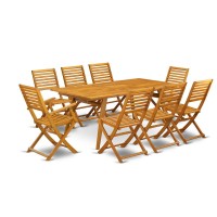 East West Furniture Debs92Cana 9-Pc Small Patio Set- 8 Lawn Chairs With Ladder Back And Modern Coffee Table And Rectangular Top With Wooden Legs - Natural Oil Finish