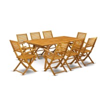 East West Furniture Debs9Cana 9-Piece Table Set- 8 Patio Dining Chairs Ladder Back And Small Outdoor Table And Rectangle Top With Wooden 4 Legs - Natural Oil Finish