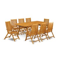 East West Furniture Decn9C5Na 9-Pc Outdoor Dining Table Set- 8 Folding Arm Chairs For Outside Slatted Back And Patio Table And Rectangle Top With Wood 4 Legs - Natural Oil Finish