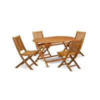 East West Furniture Didk5Cwna 5-Piece Outdoor Dining Table Set- 4 Outdoor Dining Chairs Slatted Back And Outdoor Coffee Table And Rectangle Top With Wood 4 Legs - Natural Oil Finish