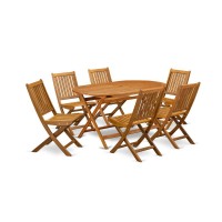 East West Furniture Didk7Cwna 7-Piece Outdoor Table Set- 6 Outdoor Folding Chairs Slatted Back And Patio Table And Round Top With Wood 4 Legs - Natural Oil Finish