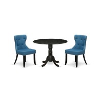 East-West Furniture Dlsi3-Abk-21 - A Dining Table Set Of 2 Excellent Parson Chairs Using Linen Fabric Mineral Blue Color And A Gorgeous Midcentury Dining Table With Wire Brushed Black