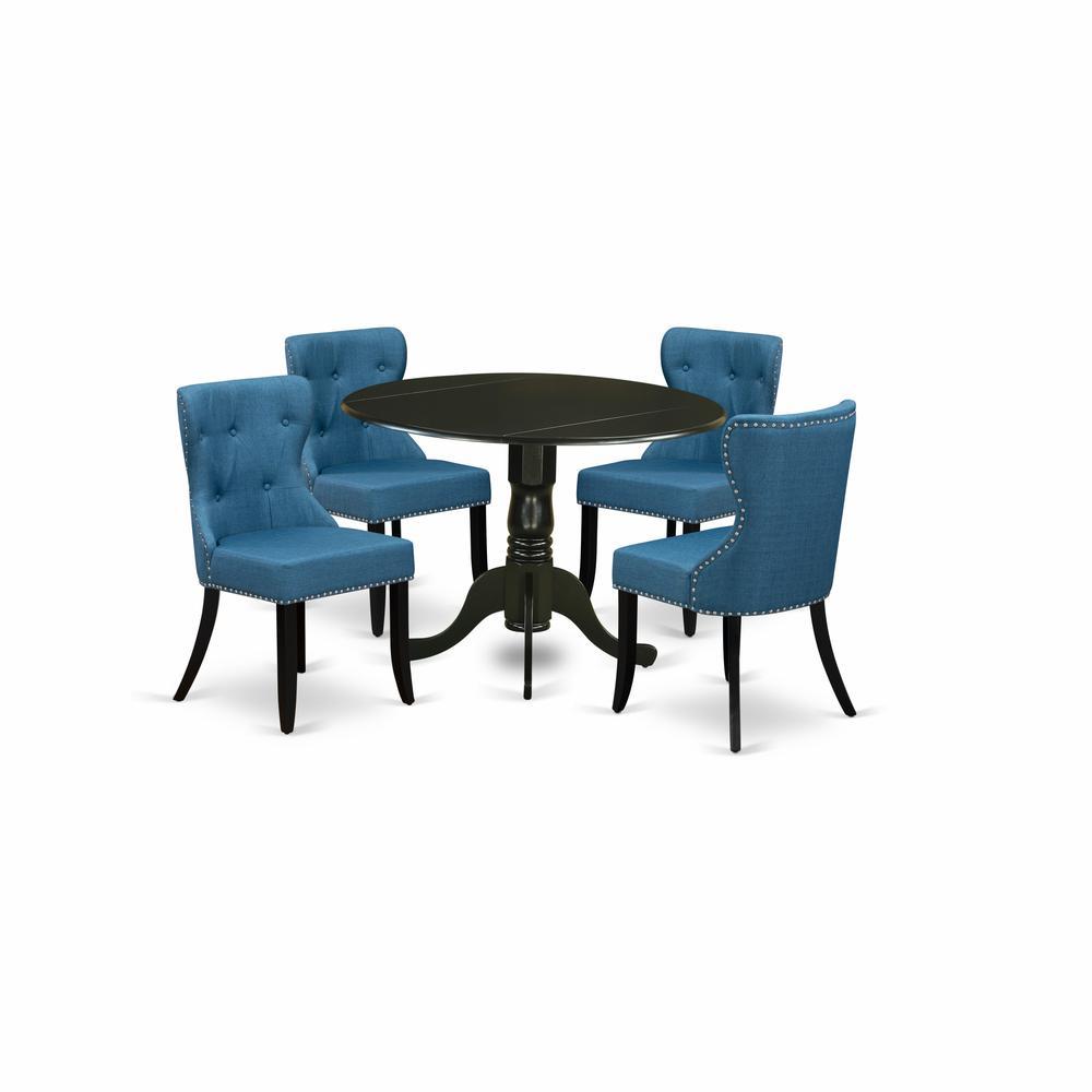 East-West Furniture Dlsi5-Blk-21 - A Dining Set Of 4 Wonderful Kitchen Chairs With Linen Fabric Mineral Blue Color And A Gorgeous Two 9 Drop Leaf Round Dining Room Table With Black Color