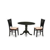 East West Furniture - Dlva3-Blk-C - 3-Piece Dining Table Set- 2 Wooden Chair With Linen Fabric Seat And Slatted Chair Back - Drop Leaves Modern Dining Room Table - Black Finish