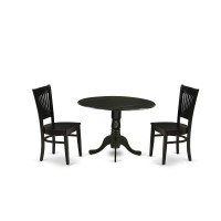 East West Furniture - Dlva3-Blk-W - 3-Piece Kitchen Table Set- 2 Mid Century Chair With Wooden Seat And Slatted Chair Back - Drop Leaves Breakfast Table - Black Finish