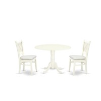 East West Furniture - Dlva3-Lwh-C - 3-Piece Dinette Set- 2 Mid Century Dining Chairs With Wooden Linen Fabric And Slatted Chair Back - Drop Leaves Wooden Dining Table - Linen White Finish