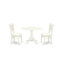 East West Furniture - Dlva3-Lwh-W - 3-Piece Dining Table Set- 2 Kitchen Chairs With Wooden Seat And Slatted Chair Back - Drop Leaves Dining Table - Linen White Finish