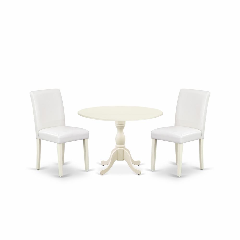 East West Furniture Dmab3-Lwh-64 3 Piece Dining Room Set Includes 1 Drop Leaves Dining Table And 2 White Pu Leather Upholstered Dining Chairs With High Back - Linen White Finish