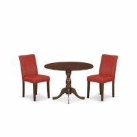 East West Furniture Dmab3-Mah-72 3 Piece Kitchen Table Set Includes 1 Drop Leaves Dining Room Table And 2 Firebrick Red Pu Leather Upholstered Chair With High Back - Mahogany Finish